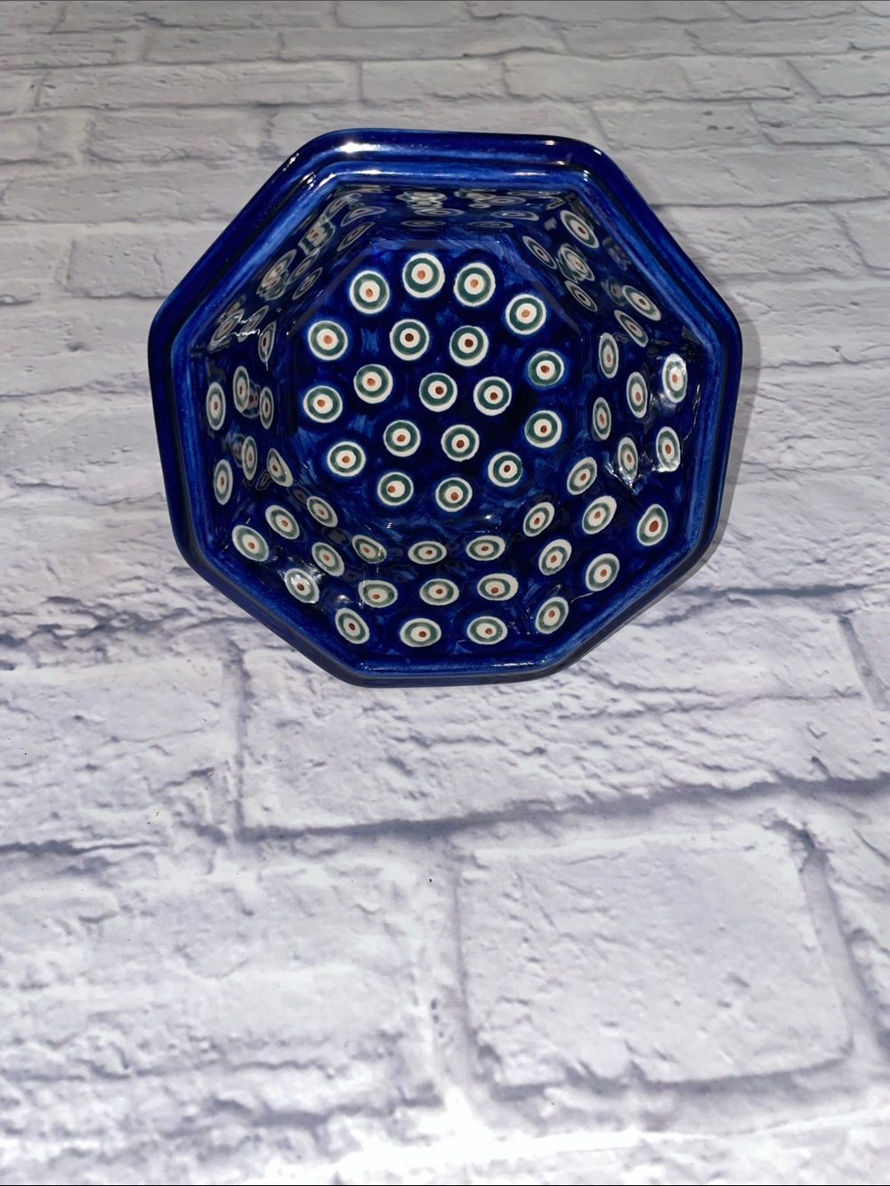 Boleslawiec octagon bowl Polish pottery cobalt blue green peacock pattern